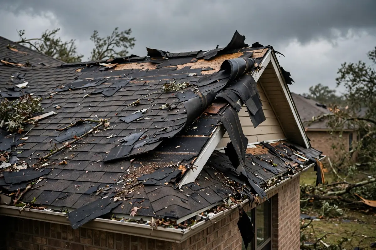 Storm damaged roof with missing shingles in Texas City TX